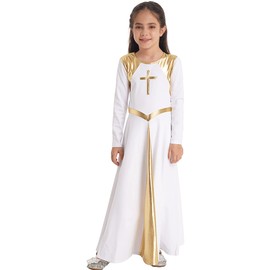 VernLan Girls Kids Liturgical Praise Dance Worship Long Dress Metallic Gold Color Block Full Length Church Dancewear White 8 Years