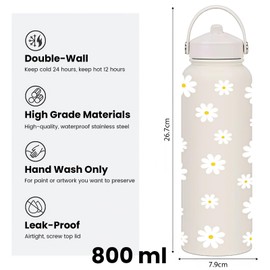 AuraFusion Tumbler Cup - 800 ml, Daisy Pattern, Double Wall Insulation, Leak-proof, Stainless Steel, Portable Handle