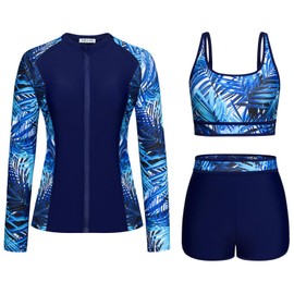 Long Sleeve Rash Guard for Women 3 Piece SPF Shirts Sun Protection Stretchy Rashguard Swimsuit Tummy Control High Waist Boyshorts Blue Leaf S