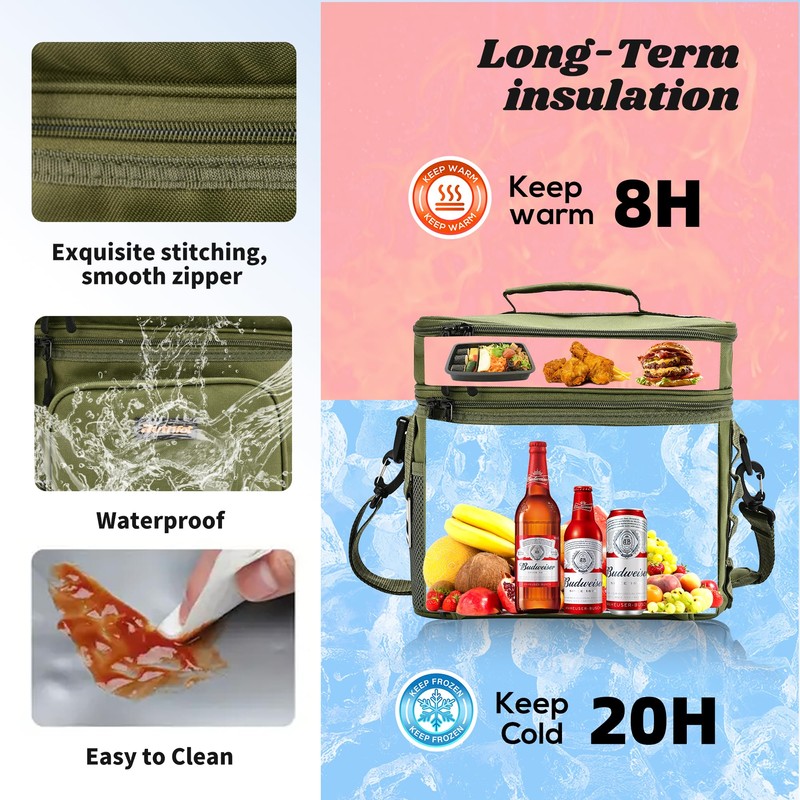 Ruthfot Double-Layer Insulated Cooler Foldable Lunch Box, Leakproof Cooler Bag