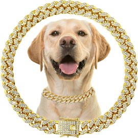 Gold Chain Dog Collar with Bling，Sparkly Diamond Metal Cuban Link Dog Collars, Rhinestone Glitter Puppy Necklace for Small Medium Large Pet Dogs Cats，8 inch