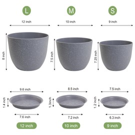 UOUZ 12/10/9 Large Modern Plant Pots, Plastic Planters with Drainage Holes and Saucers for Indoor Outdoor Plants Flowers, Grey Speckles