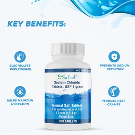 Safrel Sodium Chloride Tablets 1 gm, USP | Normal Salt Tablets | (15.4gr.) | Electrolytes Replenisher Hydration Drink (300 Count (Pack of 1))