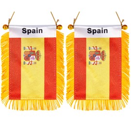 ZXvZYT 3 X 5 Inch Spain Window Hanging Flag Spanish Small Mini Car Flags Banners Rearview Mirror Decoration - with Suction Cup & Golden Fringy Banner(2 Pack)