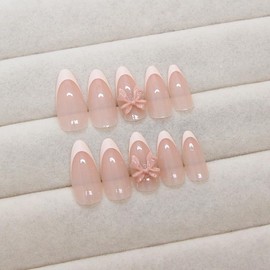 French Tip Press on Nails Medium Almond Fake Nails 3D Bow Acrylic Nails Glossy Glue on Nails Nude Artificial False Nails for Women Daily Wear Manicure 24Pcs