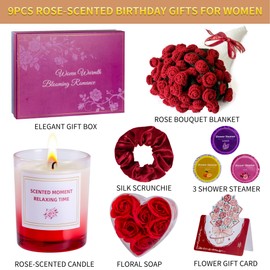 Birthday Gifts for Women, Self Care Package Gifts with 43'' Rose Bouquet Blanket, Get Well Soon Gift Baskets, Thanksgiving, Christmas, Thinking of You Gift For Women Mom Sister Wife Girlfriend Friend