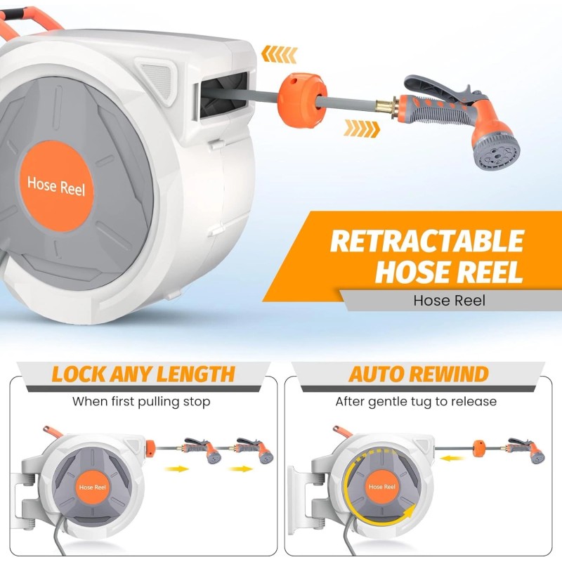Retractable Garden Hose Reel 1/2" x 130Ft 9 Function Sprayer