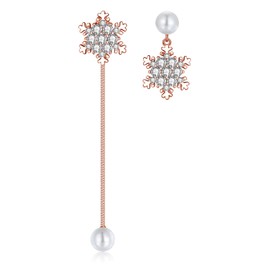 Zolkamery Christmas Dangle Earrings for Women, 925 Sterling Silver Asymmetric Snowflake Drop Earrings with Bead Zirconia, Hypoallergenic Xmas Stud Hanging Earrings, Rosegold Long Chain Tassel Earrings