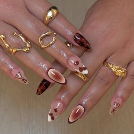 BABALAL Press on Nails Medium Almond Fake Nails Brown Glue on Nails 3D Texture Coffee Bean Design Acrylic Nails Handmade Diy False Nails 24Pcs Stiletto Full Cover Stick on Nails for Women Girls