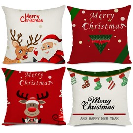 Ywlake Set of 4 Christmas Cushion Covers 18x18, Merry Christmas Series Cartoons Pattern Cotton Linen Decorative Throw Pillow Covers Cases Cushion for Sofa