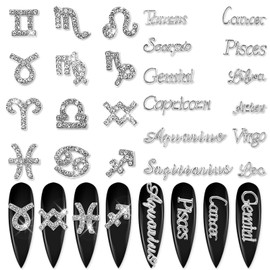 SILPECWEE 24pcs 3D Zodiac Nail Charms Silver Zodiac Sign Nail Letters Alloy Nail Jewels Constellation Nail Art Charms Hollow Nail Studs Nail Rhinestones Nail Decoration for Acrylic Nails