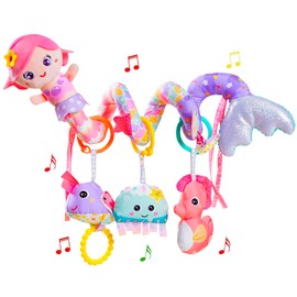 Baby Car Seat Toys, Car Seat Toy for Babies Infants 0-6 Months Activity Spiral Mermaid Hanging Stroller Toys Gift for Baby Girls 0 3 6 12 Months Newborns Sensory Toys with Rattles Squeaker Music- Pink