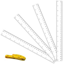 YGAOHF 4 Pcs 12 Inch Clear Ruler, Plastic Clear Ruler with 1 Tape Measure, Flexible Straight Ruler with Inches and Centimeters for School Classroom, Home, or Office