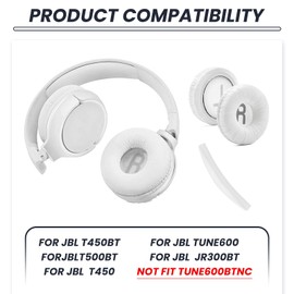 1 Pair of Headphones Replacement Ear Pads White for JBL Tune600 T500BT T450 T450BT JR300BT Headphones with Headset Strap Pad (Fits Not Tune600btnc), Headphones Memory Foam Replacement Compatible with