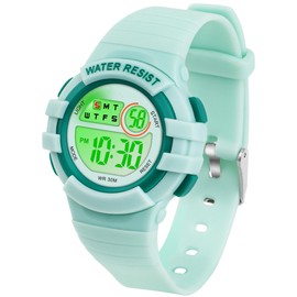 DTKID Children's Digital Watch, 7 Colours, Boys and Girls, 3 ATM Waterproof Sports Outdoor Watch with Timer, Alarm Clock, Calendar, Green, Strap.