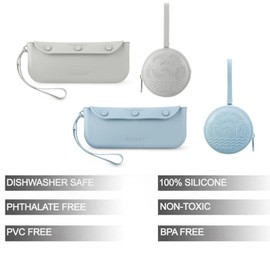 PandaEar 4 Pack Pacifier Holder Case Set, 2 Pack Silicone Portable Travel Pacifier Pouch & 2 Pack Silicone Baby Cutlery Holder Bags, BPA Free, Universal Accessories Holders (Light Blue,Grey)