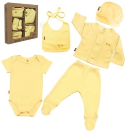 Neek Cotton | Set Para Salir del Hospital x5 Piezas |Bebé Recién Nacido 100% Algodón | Accesorios para Bebe-ideal Regalo Baby Shower | Caja de Regalo Bebé. (Amarillo, 0m)