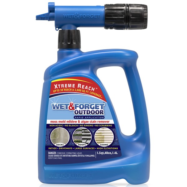 Wet & Forget Outdoor Moss, Mold, Mildew, & Algae Stain Remover Multi-Surface Cleaner, Xtreme Reach Hose End, 48 Fluid Ounces
