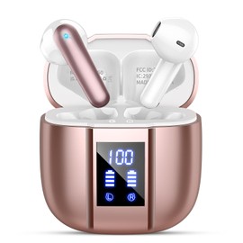 Wireless Earbuds, Bluetooth 5.4 Headphones, 48H, Ear Buds, LED Display Earphones with Mic, IP7 Waterproof In EarBud, Comfort Fit, Bluetooth Earbuds for Phone Android iOS, Sport, Walk, Rose Gold