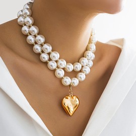 Ushiny Pearl Necklace Golden Love Necklace 2-Piece Pearl Necklace for Women and Girls, Pearl, Amber