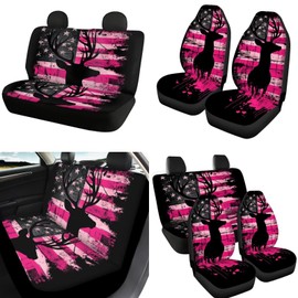 FKELYI Deer Universal Fit Car Seat Covers Full Set Pink American Flag Car Front and Back Seat Covers Gear Shift Cover Handbrake Cover Cup Coasters Headrest Covers Keychain Holder