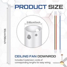VIHOSE 36 Inch Ceiling Fan Downrod with Extension Cord 3 ft White Downrod for Ceiling Fan 1 Inch Outside Diameter Not Threaded Suitable for a Wide Range of Fans