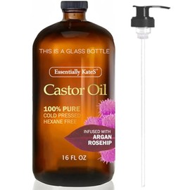 Castor Oil 16 Fl Oz (Glass Bottle) - Argan + Rosehip - A Huge Glass Bottle with a Pump - 100% Pure and Natural, Cold Pressed, and Hexane-Free, Body, Hair