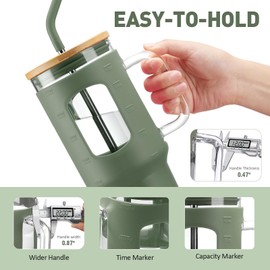 WINSA Glass Tumbler with Straw and Lid, 40 oz glass cup with handle, Glass Water Bottles with Time Marker, Silicone Protective Sleeve-Olive