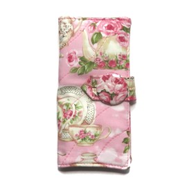 Tea Bag Wallet Includes 4 Tea Bags, Handcrafted, Four Pocket Wallet, Victorian Tea Roses, Pink and Cream, Tea Cups Pot Service, English Tea Time