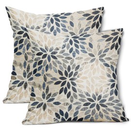 Navy Blue Dahlia Throw Pillow Covers 18x18 Inch Rustic Geometric Flower Decorative Square Pillow Cases Beige Tan Gray Floral Cushion Covers Farmhouse Home Decor For Sofa Bedroom Outdoor Set of 2