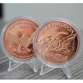 Prehistoric Pteranodon Dinosaur - 1 oz .999 Pure Copper Round Collecticble 39mm Challenge Coin in Capsule - COA by Heavenly Metals