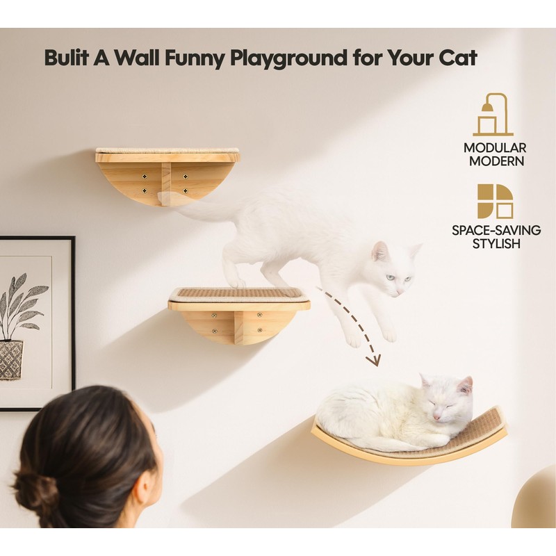 Wood Cat Wall Shelves with Sisal Cats Window Perch, Wall