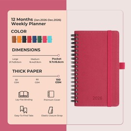 IN-LUXPRO Diary 2026 Planner: A6 Week to View (16.6x9.7cm)12 Months (Jan.-Dec.) Weekly & Monthly Planner with Month Tabs & Pocket, Expenses/Note Pages Spiral Softcover 100GSM Paper PU Leather Rose Red