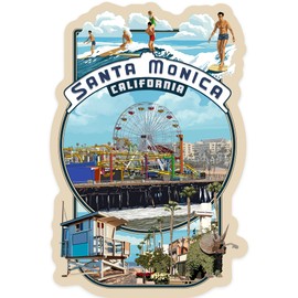 Die Cut Sticker Santa Monica, California, Montage Scenes, Contour Vinyl Sticker 1 to 3 inches (Waterproof Decal for Cars, Water Bottles, Laptops, Coolers), Small