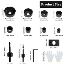Starich Hole Saw Sets, 12pcs Holesaw Set, 19-64mm Carbon Steel Circular Drill Cutter Kit with a Pair of Gloves & Storage Box, Hole Cutter Kit for Plasterboard,Wood,PVC Board,Plastic Plate (Grey)