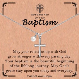 ACOGVN Baptism Gifts for Girls, Corss Necklace Baptism Decorations for Girls with Baptism Card for Girls Kids Daughter Granddaughter Niece Godchild