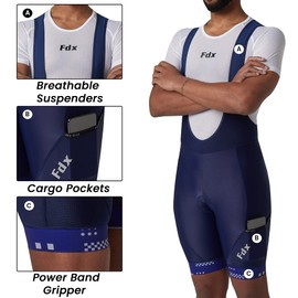 FDX Cycling Bib Shorts Men’s - 3D Gel Chamois Padded Bicycle Racing Apparel with Mesh Straps, 2 Side Pockets, Powerband Leg Grippers - Breathable, Quick Dry Summer All Day Cycle Tights(Navy Blue-3XL)