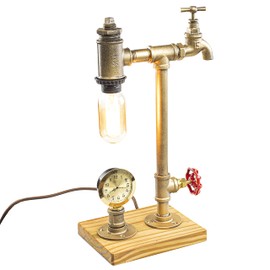 Y-Nut Steampunk Lamp with Dimmer, Dimmable Loft Style Industrial Vintage Antique Style Light with Bulb, Clock, Wood Base with Iron Piping Desk Lamp, Retro Desk Lamp LL-031