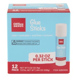 Office Depot Brand Glue Sticks, 0.32 Oz, Clear, Pack Of 12 Glue Sticks