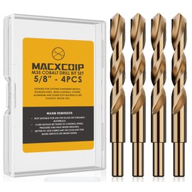 MACXCOIP 5/8" (4pcs) Cobalt Drill Bit Set, M35 High Speed Steel Jobber Length Drill Bit Kit for Hardened Metal, Stainless Steel, Cast Iron, Wood and Plastic, with Index Storage Case