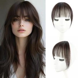 Clip in Bangs 100% Human Hair Wispy Bangs Clip in Hair Extensions, Wispy Bangs Fringe with Temples Hairpieces for Women Curved Bangs for Daily Wear (Dark Brown)