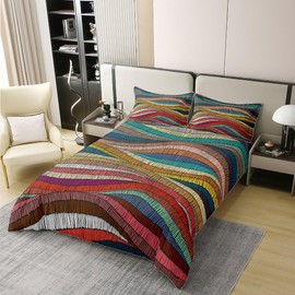 100% Organic Cotton Boho Duvet Cover Queen Bohemian Wavy Bedding Set Rainbow Embroidered Waves Comforter Cover Geometric Tribal Ethnic Bedroom Decor Colorful Abstract Quilt Cover for Adult