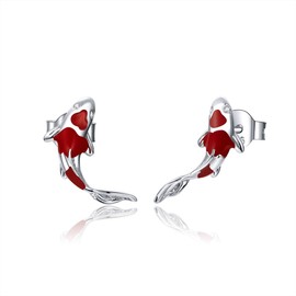 Fish Red Enamel Stud Earrings for Women 925 Sterling Silver Spring Koi Ear Studs Festival Silver Fashion Jewelry