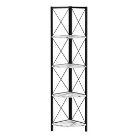 Monarch Specialties I 3651 Bookshelf, Bookcase, Etagere, Corner, 4 Tier, 60" H, Office, Bedroom, Metal, Laminate, White Marble Look, Black, Contemporary, Modern