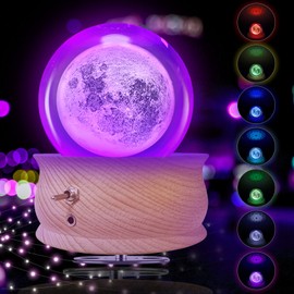 Dicosky 3D Crystal Ball Music Box, 7 Colors LED Projection Luminous Rotating Musical, Night Light with Wood Base for Mother Wife Girls Kids Boy Women Valentine's Day Birthday Christmas Gift (Moon-C)