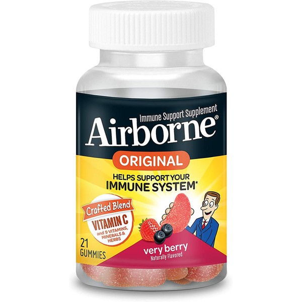 Airborne Vitamin C 750mg (per serving) - Very Berry Gummies (21 count in a bottle), Gluten-Free Immune Support Supplement With Vitamins C E, Selenium