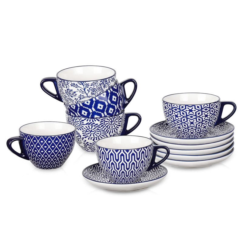 Selamica Ceramic 8 oz Cappuccino Cup Set with Saucers, Espresso