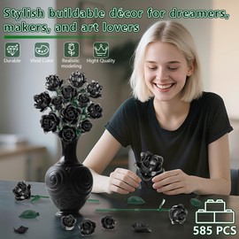 Black Roses Bouquet Building Set, Artificial Flowers Botanical Collection Blocks Kit DIY Fake Roses for Adults Women Mother's Day Girlfriend Gifts - Gothic Home Decor