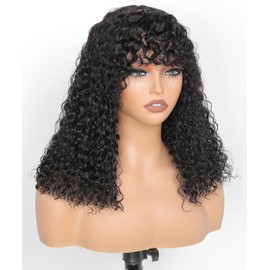 JuneMet Ruiyu Short Curly Human Hair Wigs with bangs 2x4 HD Lace Closure Wigs Ready to Wear and Go Glueless with Bangs Water Wave 100% Brazilian Wet and Wavy Human Hair Wig for Black Women 14 Inch