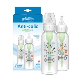 Dr. Brown's Natural Flow Anti-Colic Options+ Narrow Baby Bottle, Frog and Pig, 8 oz/250 mL, with Level 1 Slow Flow Nipple, BPA Free, 0m+, 2-Pack